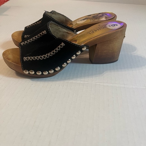 Michael Michael Kors mules wood heels black suede white braid details gold studs - Picture 5 of 9